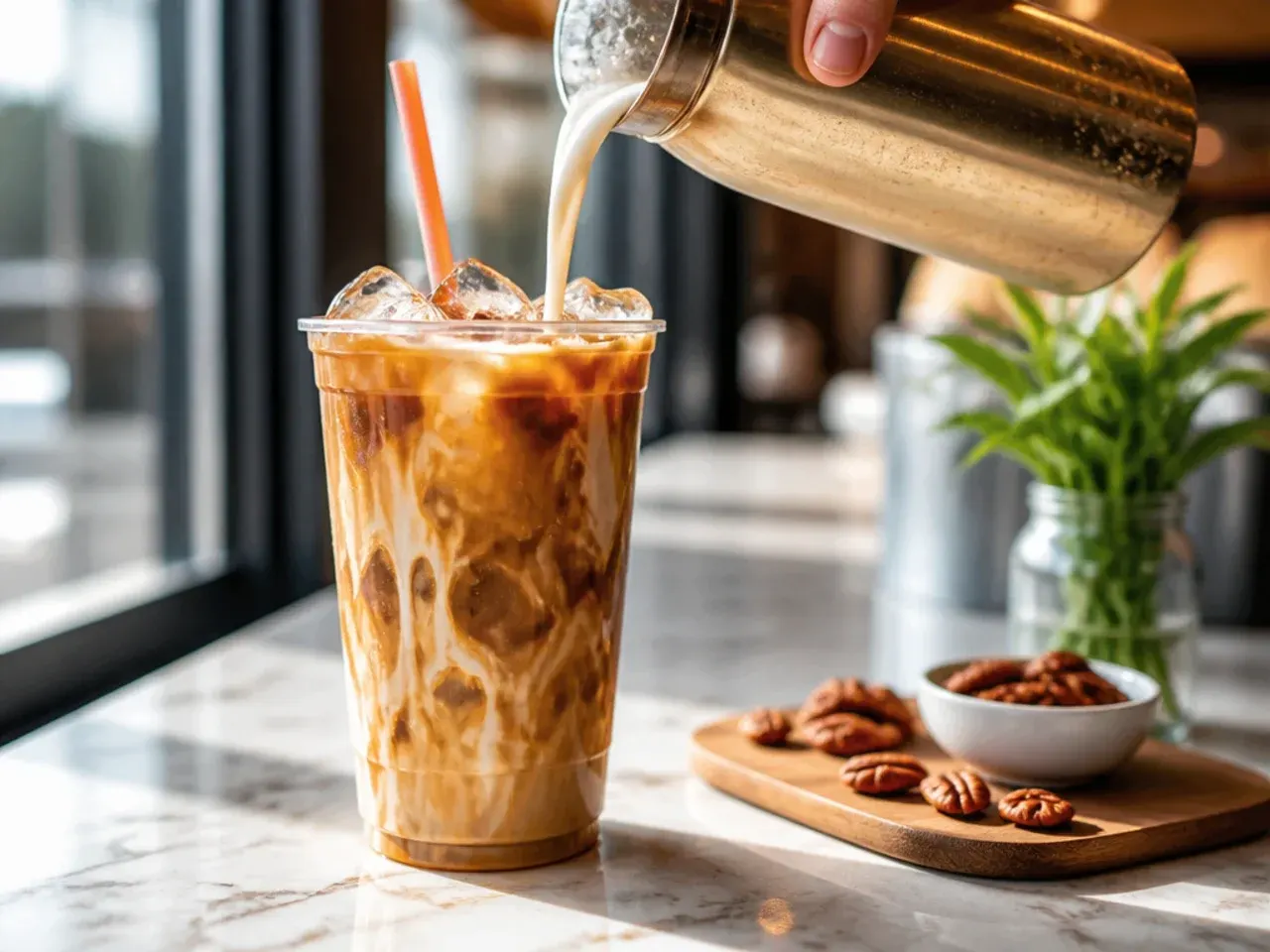 Creamy butter pecan iced coffee with visible caramel-toned swirls in a glass