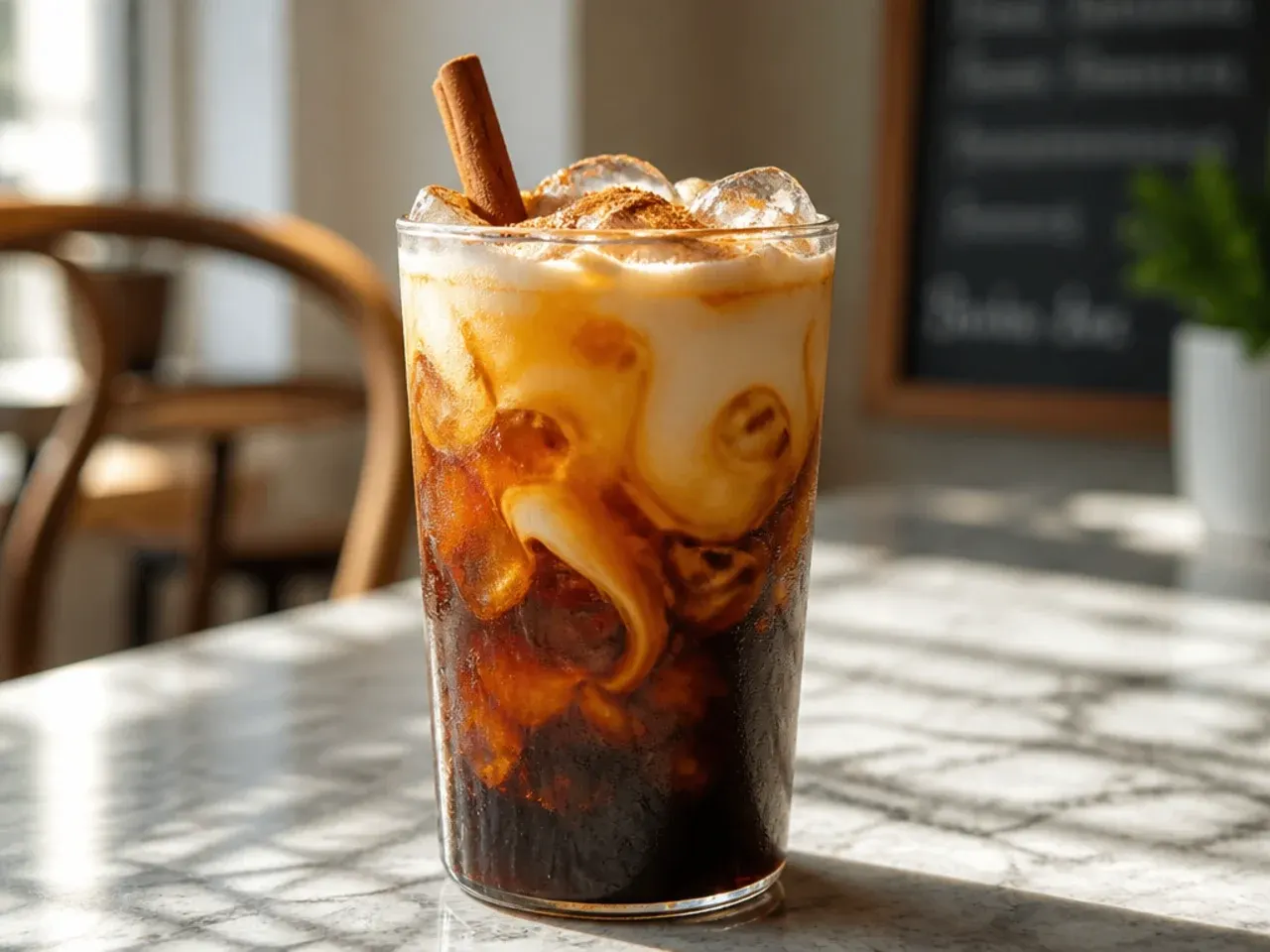 Fizzy cold brew cooler with fruit syrup and sparkling water in a tall glass over ice