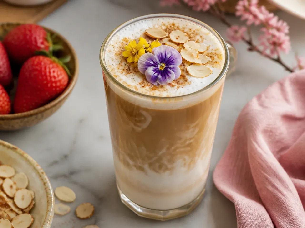 Hot toasted almond latte in a ceramic mug with foam and a dusting of cinnamon