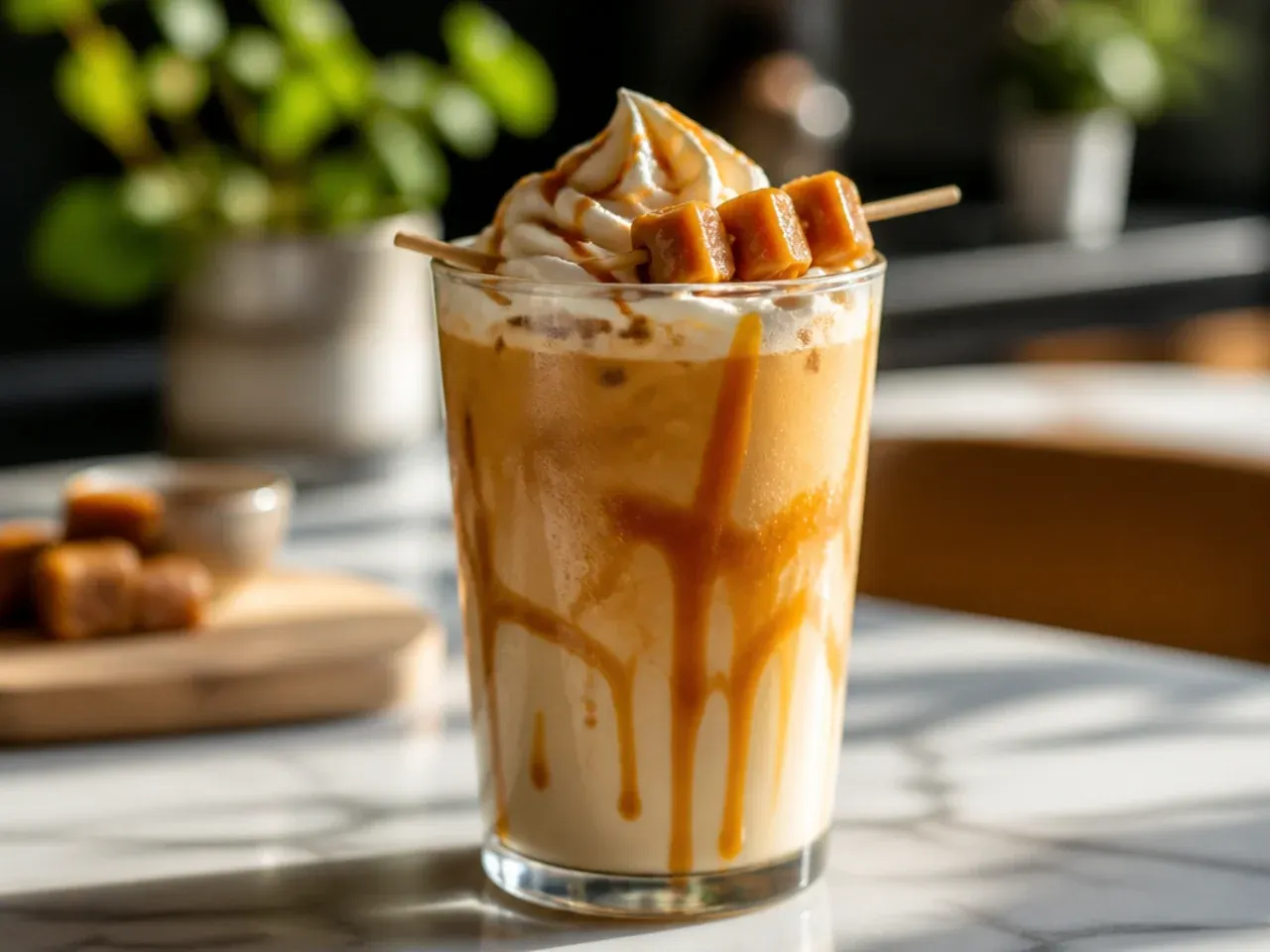 Caramel swirl latte in a glass showing visible caramel ribbons against milky coffee