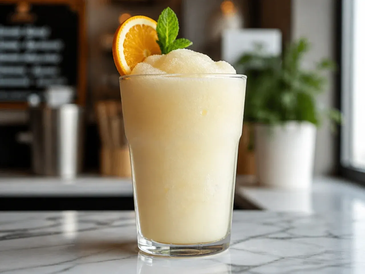 Frozen coffee coolatta in a tall glass with a thick slushy texture and straw