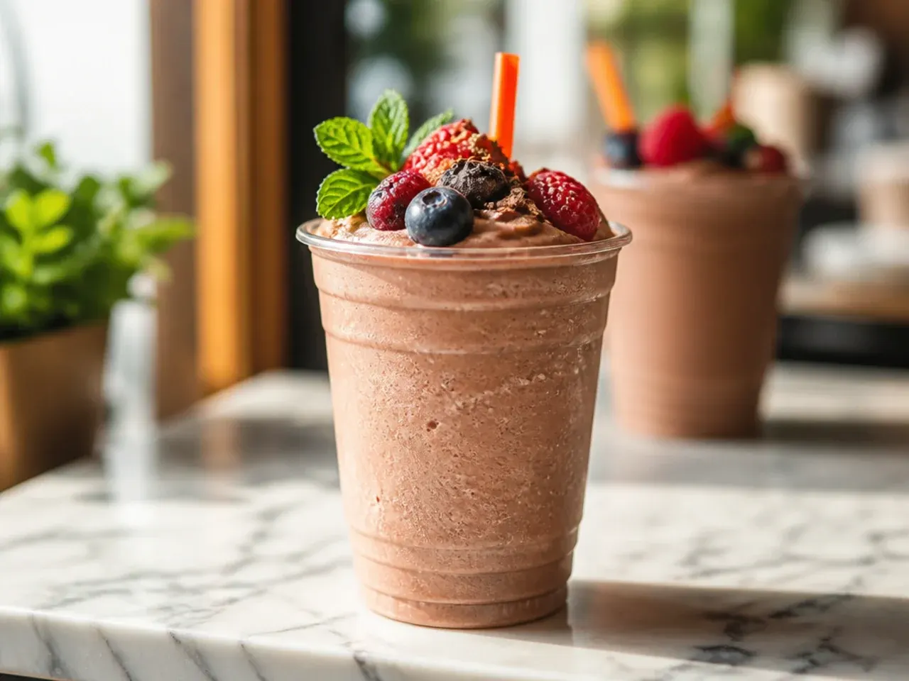 Blended mocha freeze topped with whipped cream and chocolate drizzle in a glass