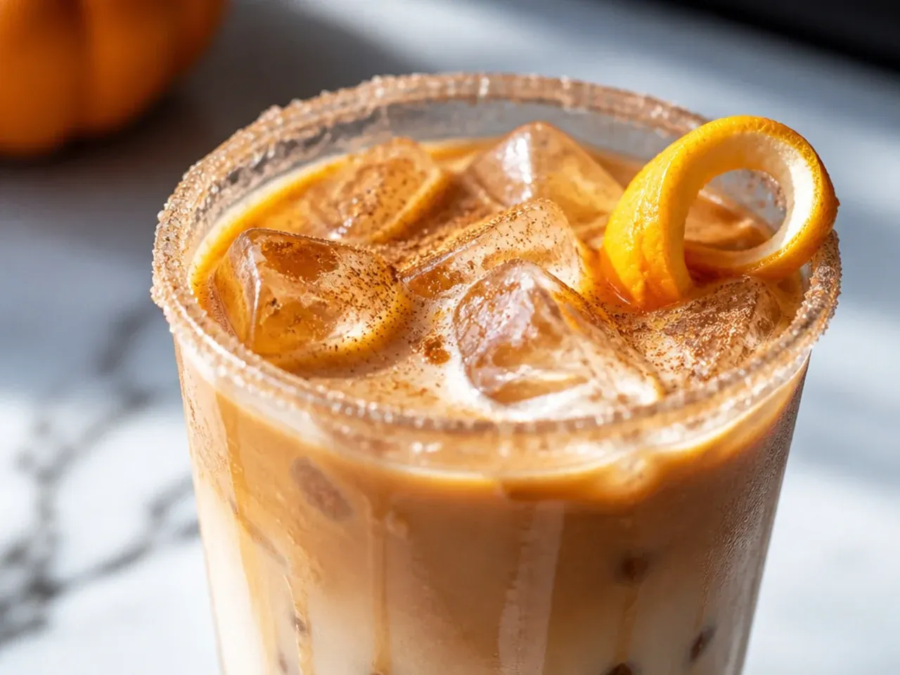 Spiced pumpkin latte in a mug with cinnamon dusted on top of the foam