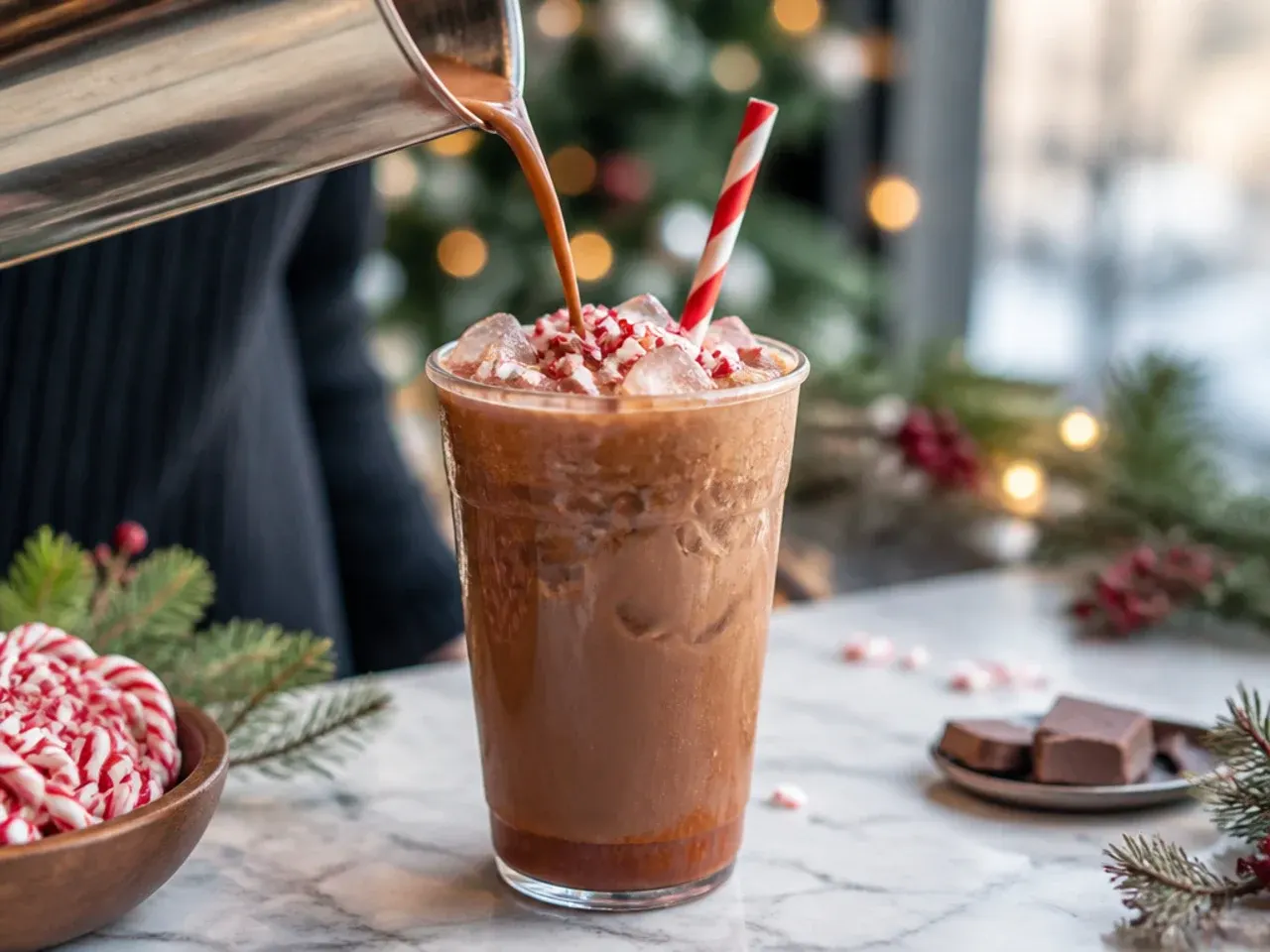 Festive peppermint mocha in a mug topped with whipped cream and crushed candy cane