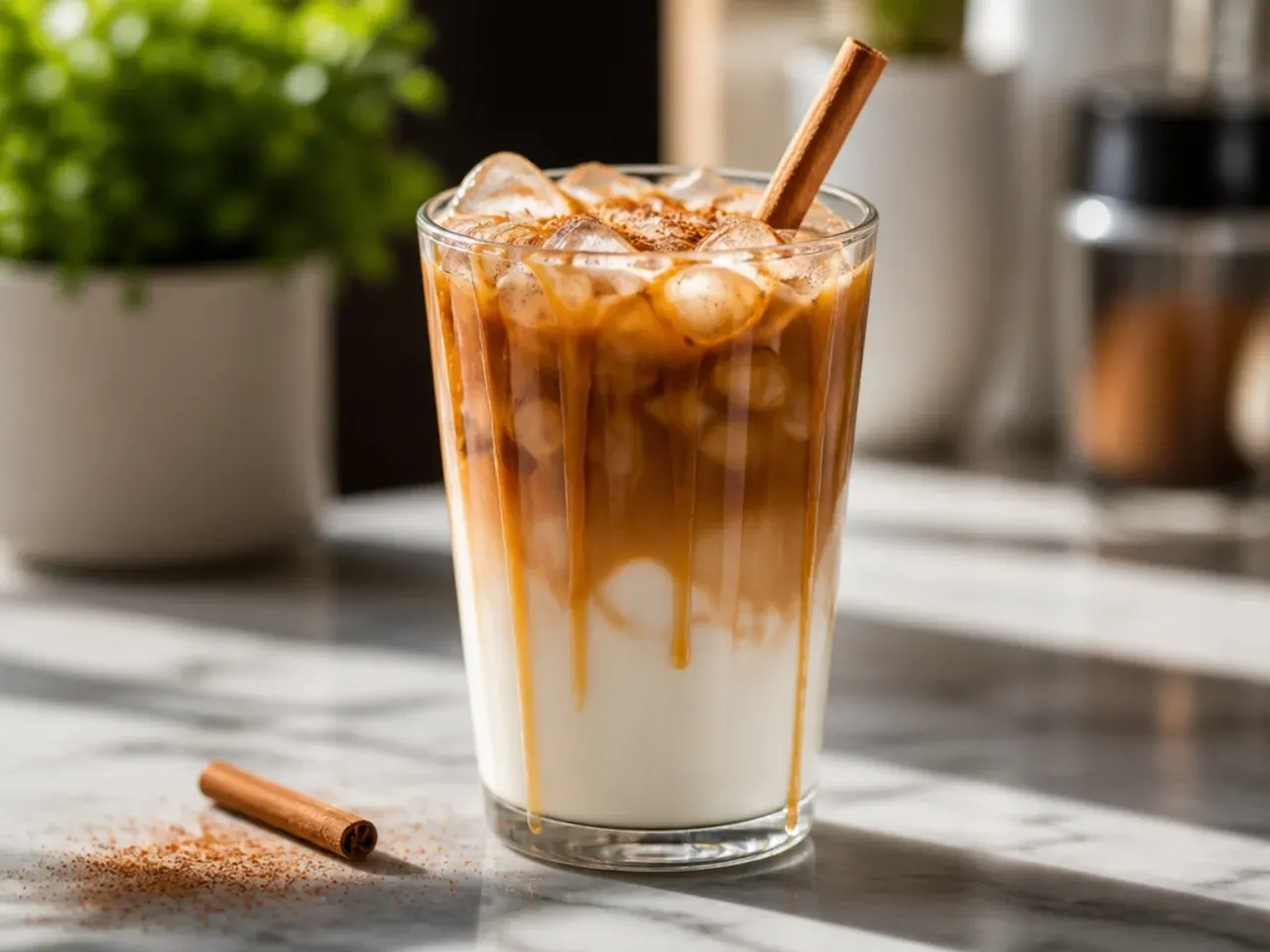 Layered iced caramel macchiato showing distinct espresso and milk stripes in a glass
