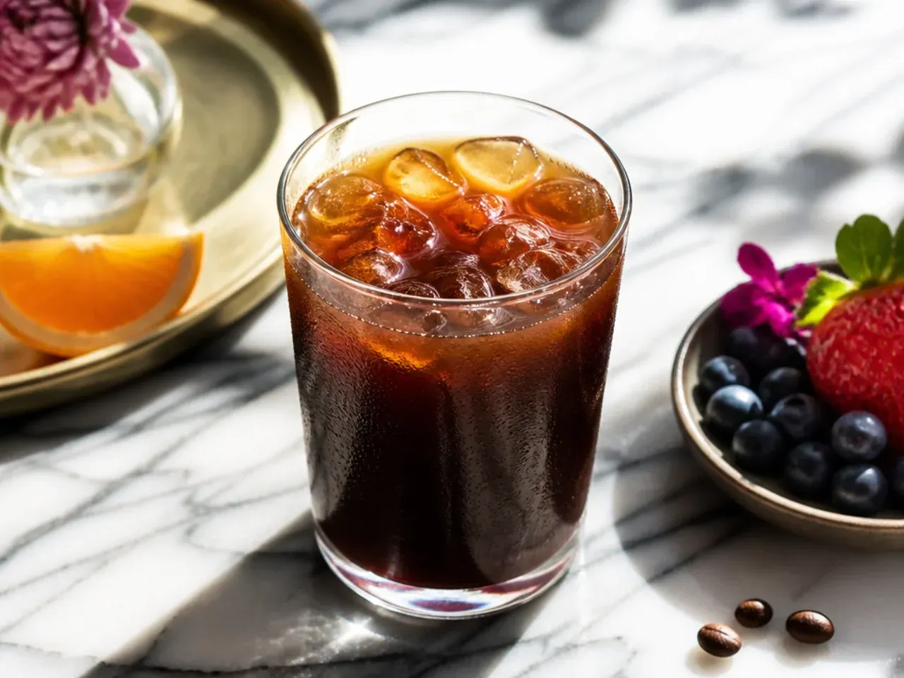 Bold extra-shot cold brew in a glass with dark coffee colour and minimal milk