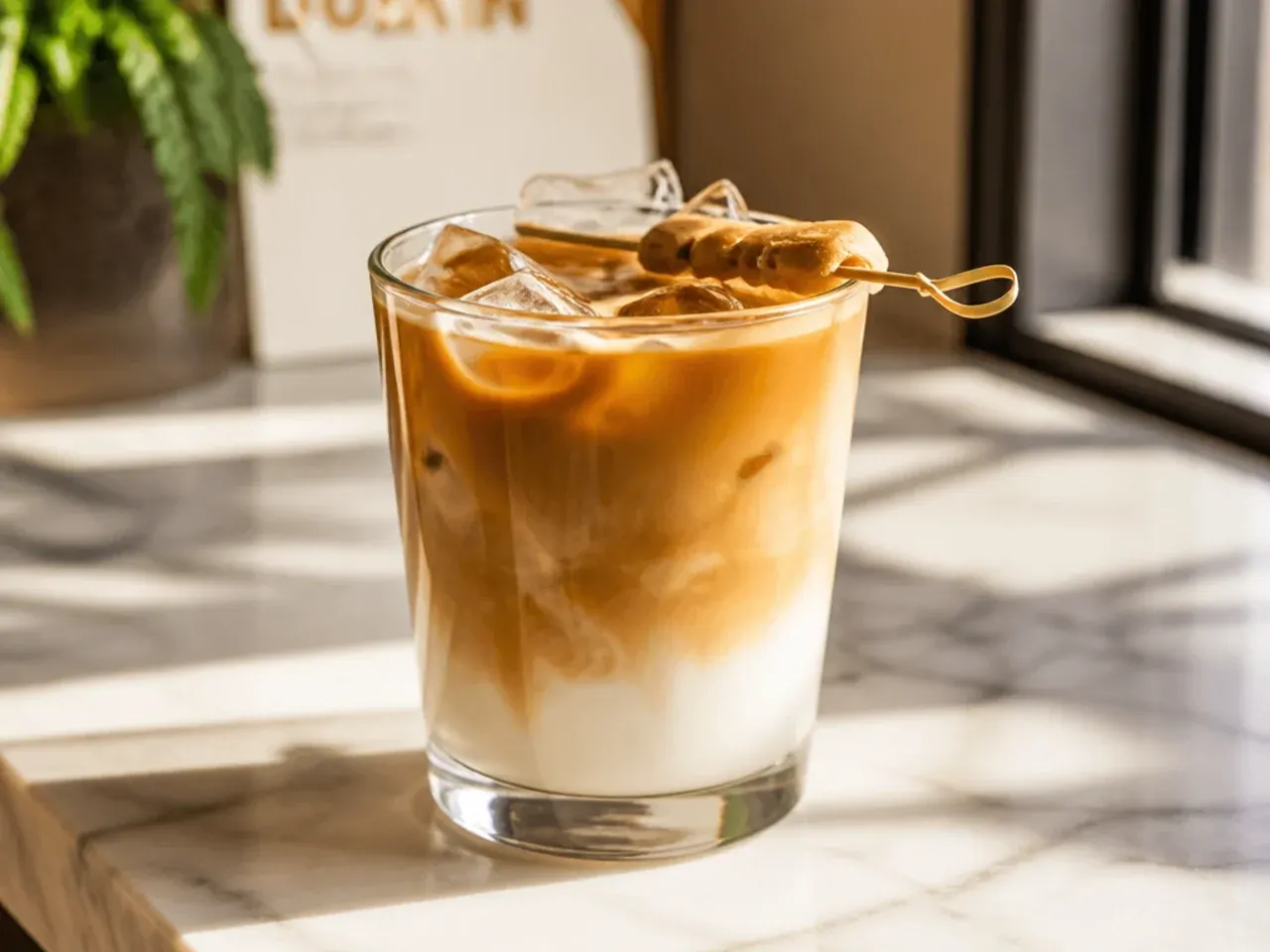 Smooth oat milk cortado in a small glass showing a tight espresso and milk layer