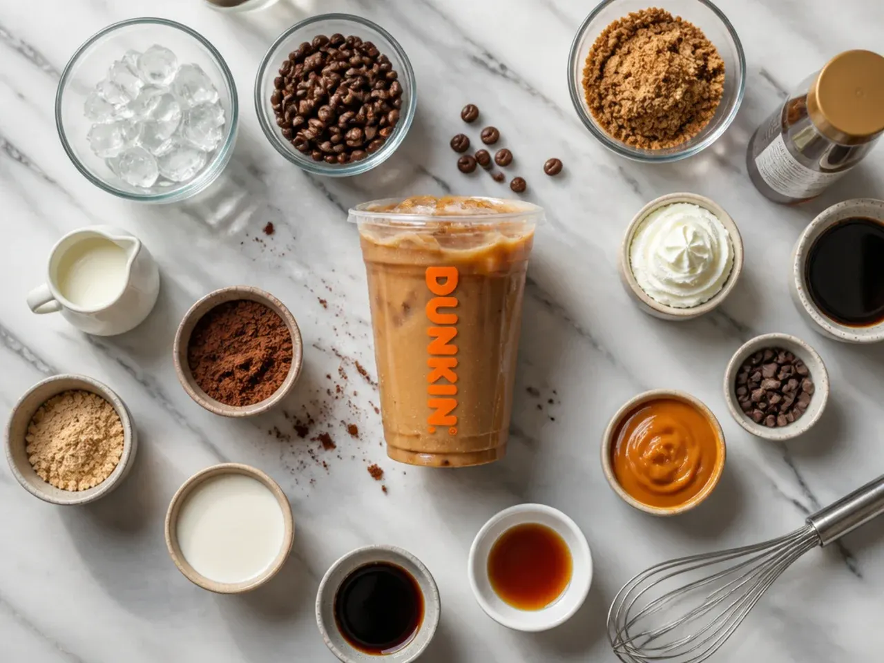 Close-up of espresso being poured over ice into a glass of milk and syrup