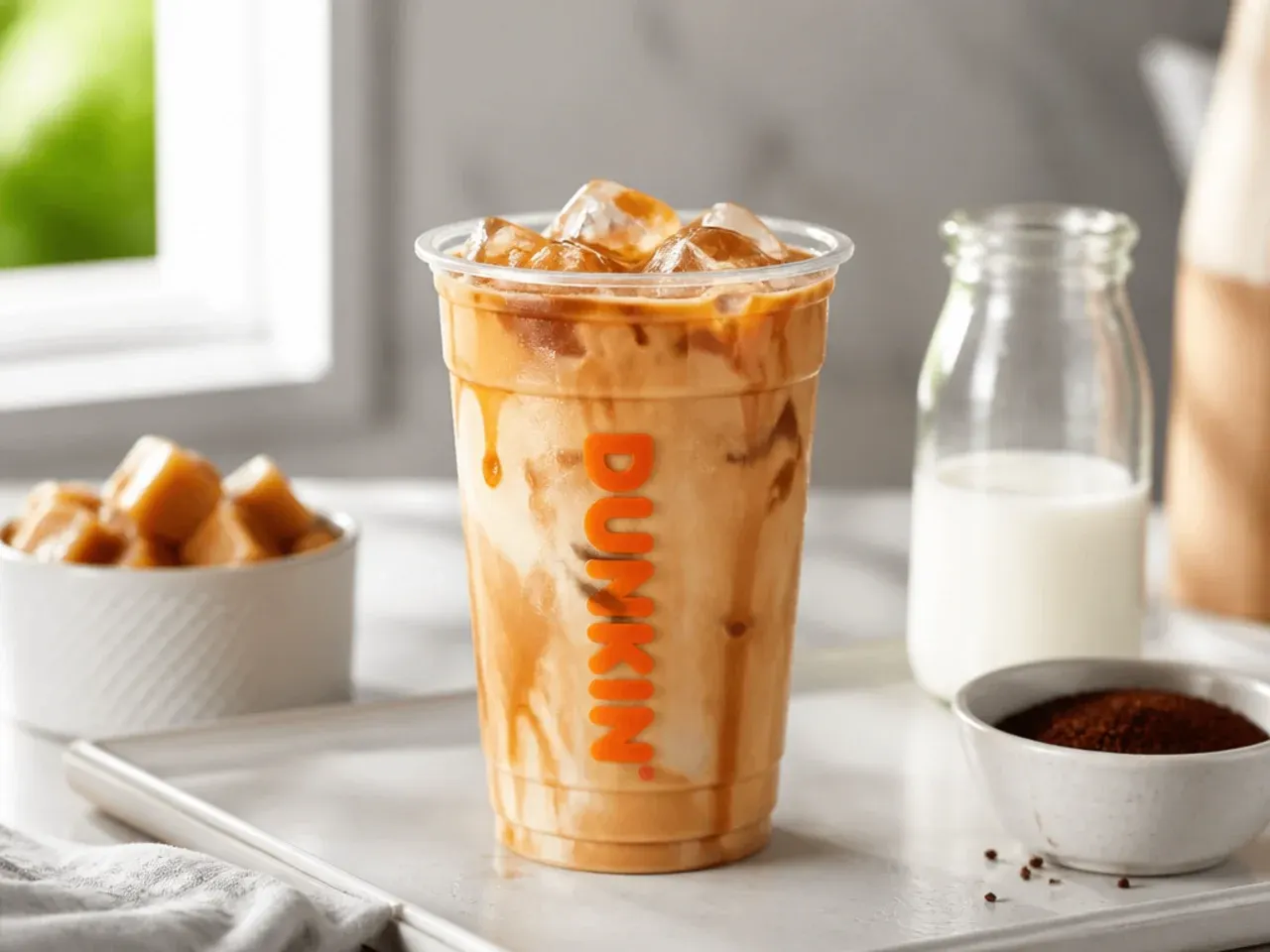 Iced latte garnished with whipped cream, caramel drizzle and a dusting of cinnamon