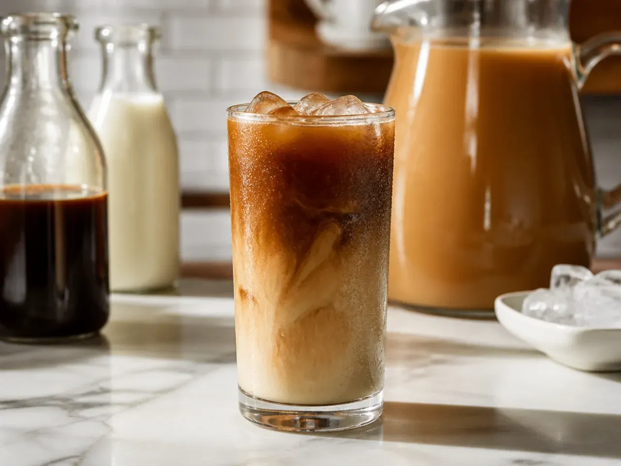 Batch of cold brew coffee and syrup bottles stored in mason jars in the fridge