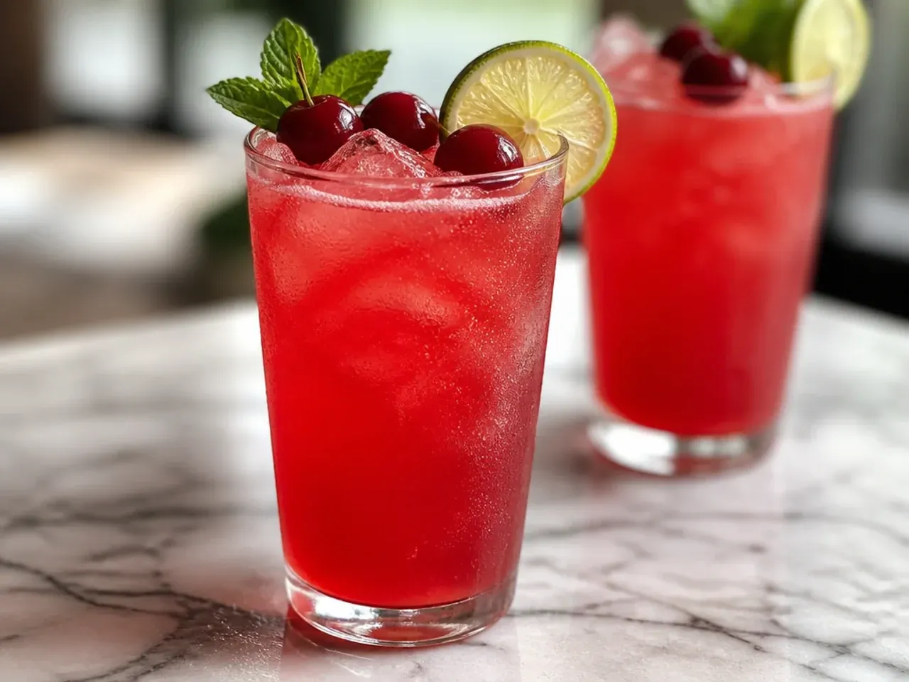 Classic cherry limeade copycat drink with lime wedges and cherries