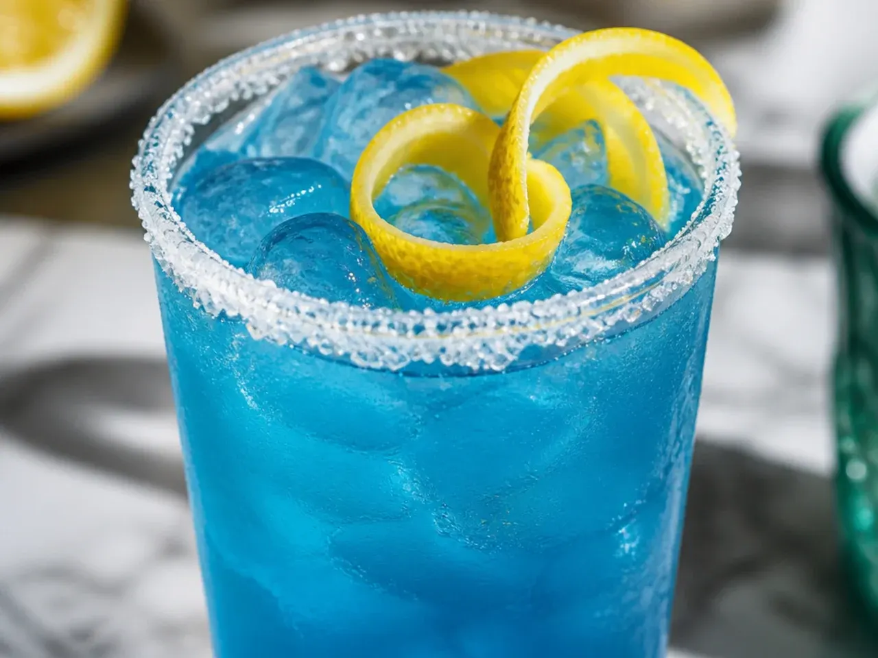 Homemade blue coconut syrup being poured into a glass of soda