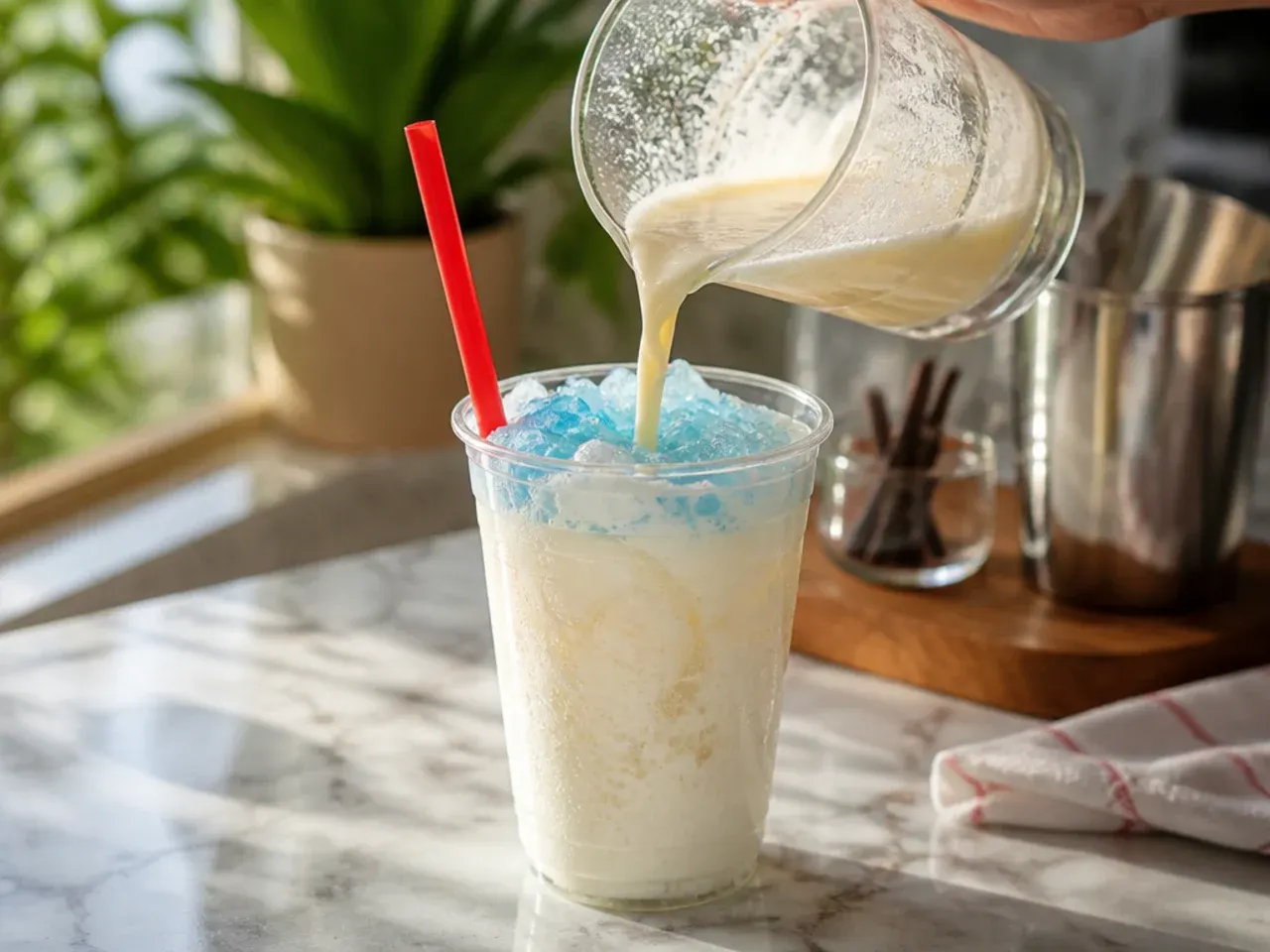 Creamy vanilla sweet cream floating on top of an iced soda