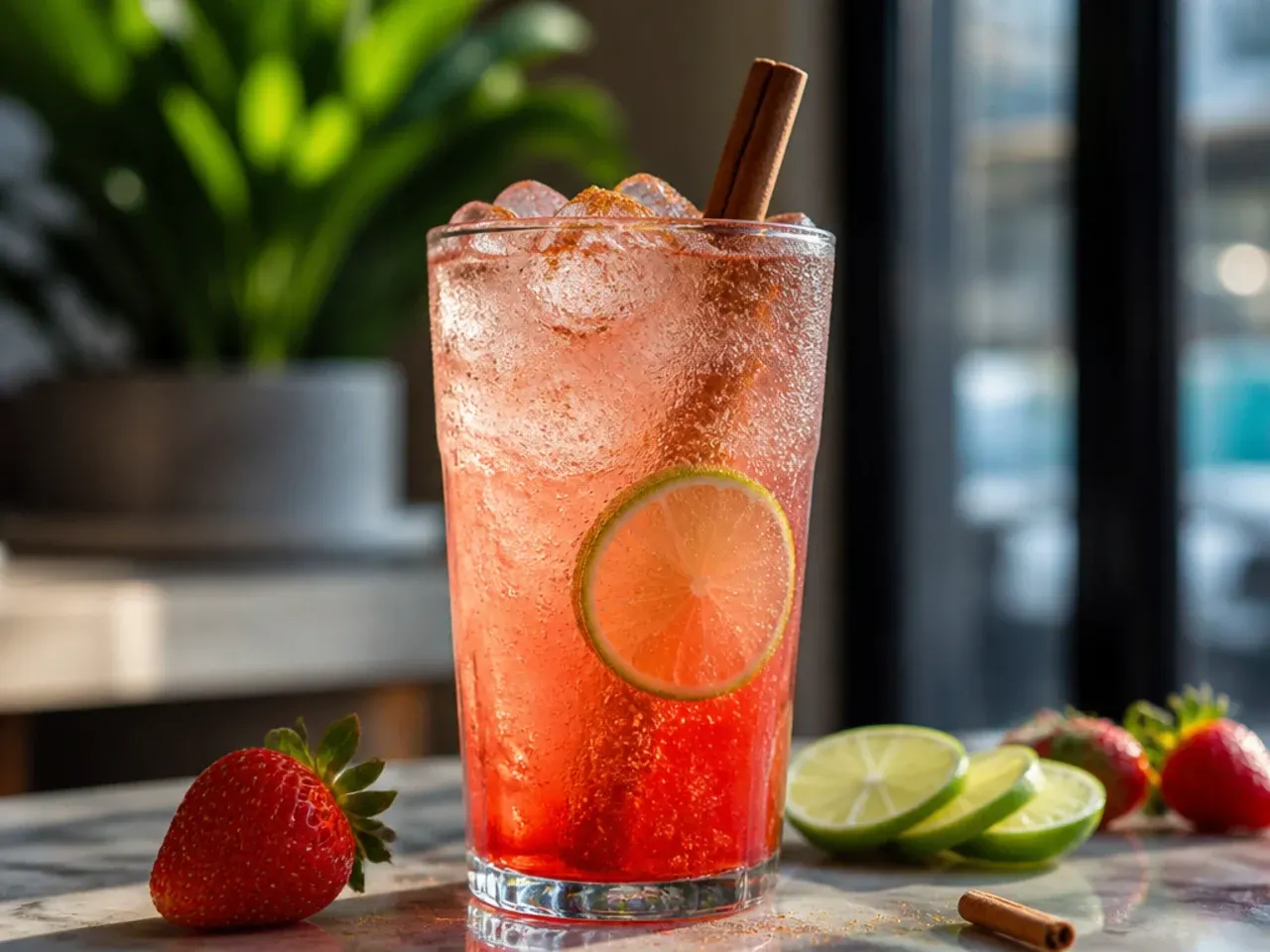 Refreshing strawberry lime fizz drink with muddled fruit