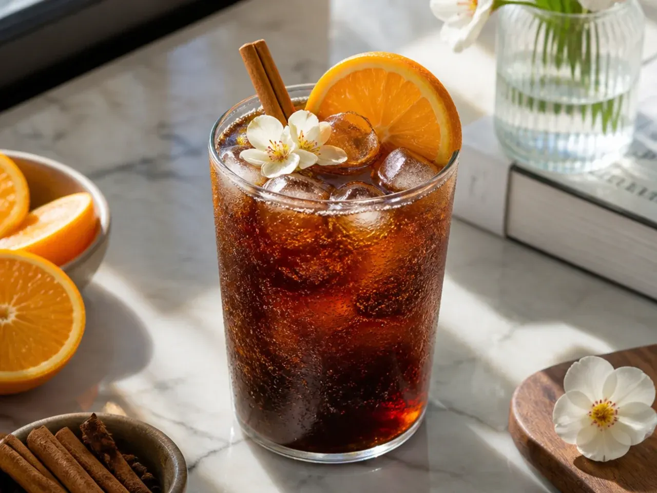Cozy cinnamon vanilla cola copycat drink over ice
