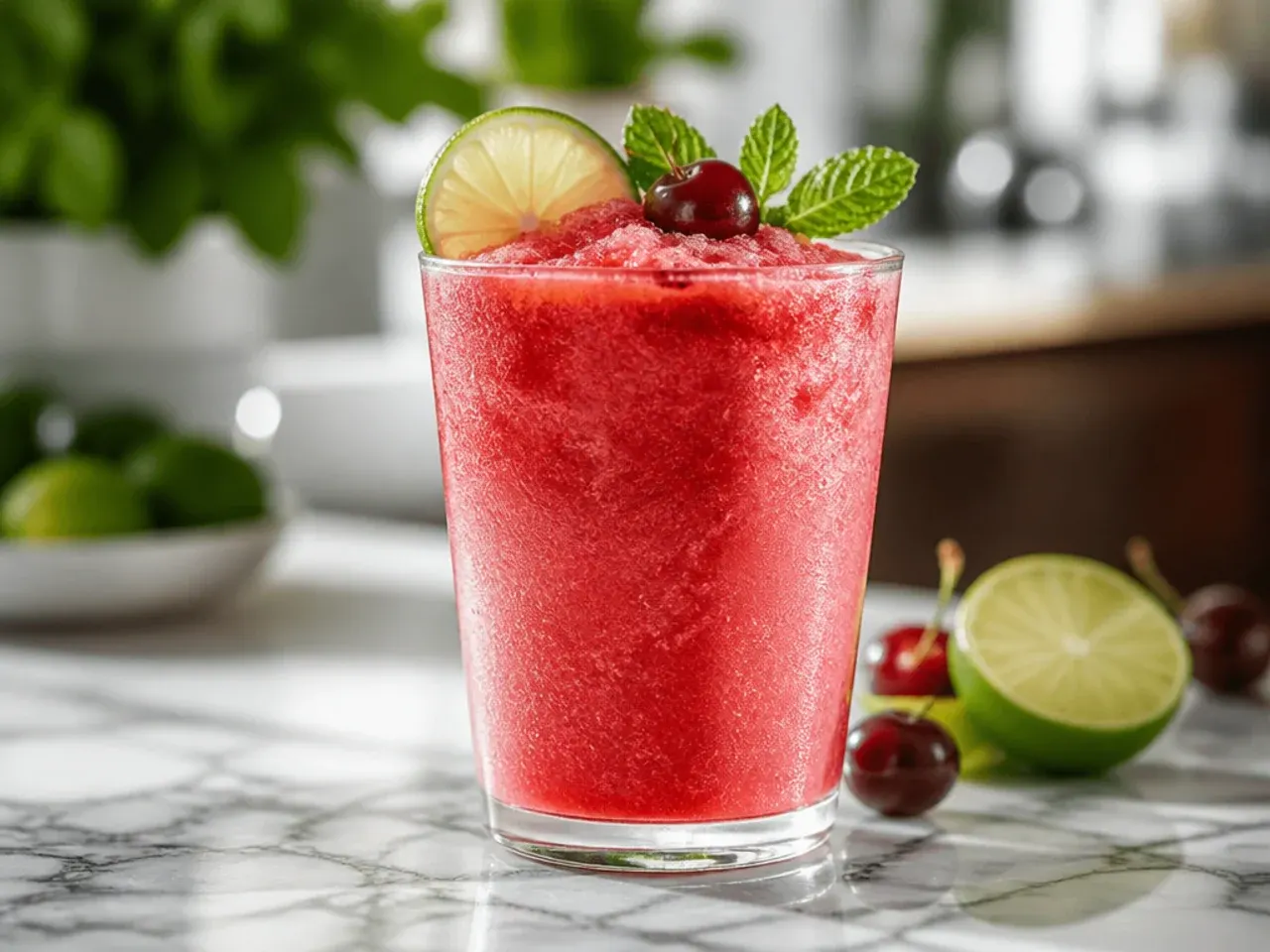 Frozen cherry limeade slush with fresh cherries on top