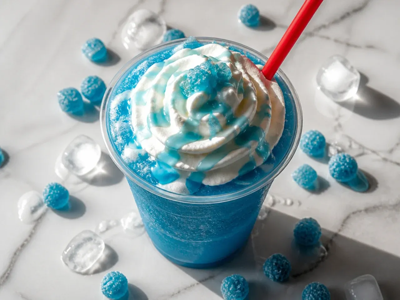 Bright blue raspberry slush in a plastic cup