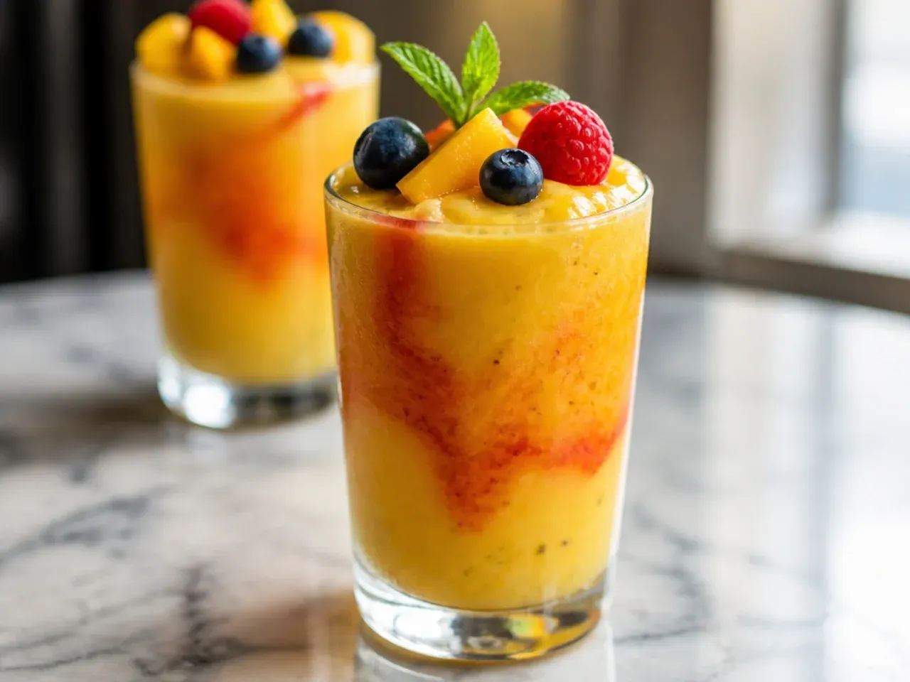 Blended mango fusion smoothie in a tall glass