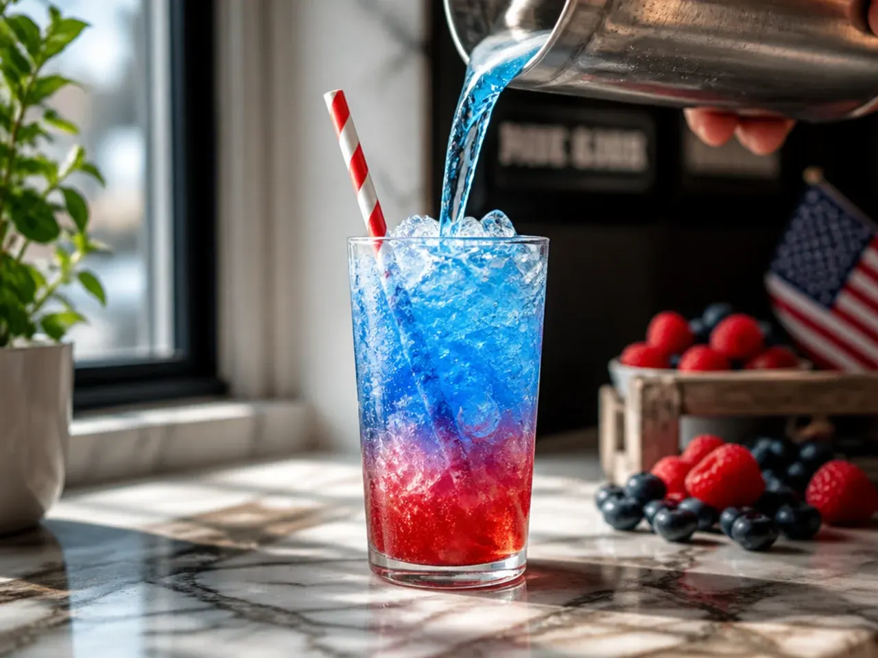 Layered red white and blue patriotic berry splash drink