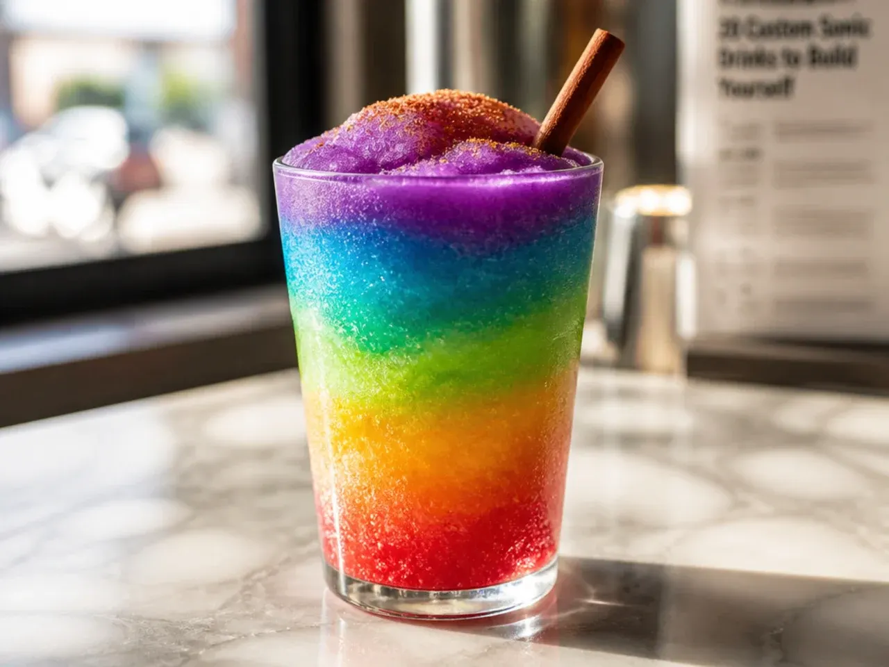 Layered rainbow slush with three coloured stripes