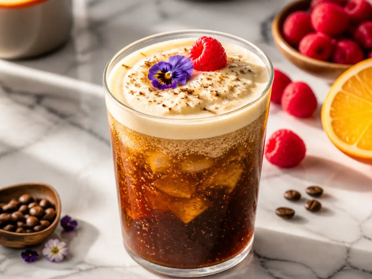 Bold espresso cream cola drink with a coffee bean garnish