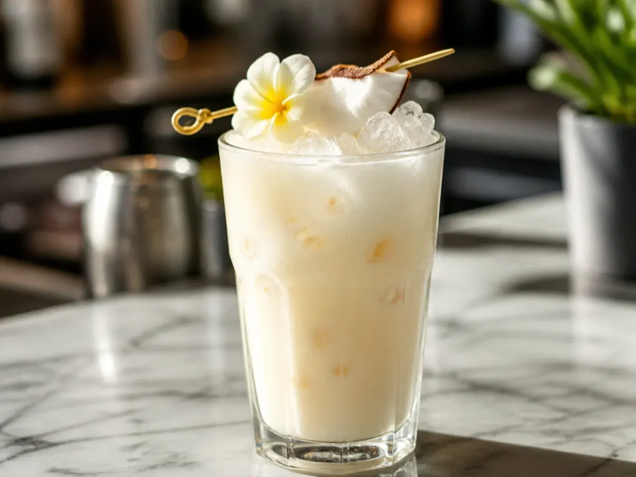 Smooth vanilla coconut cream drink topped with toasted coconut