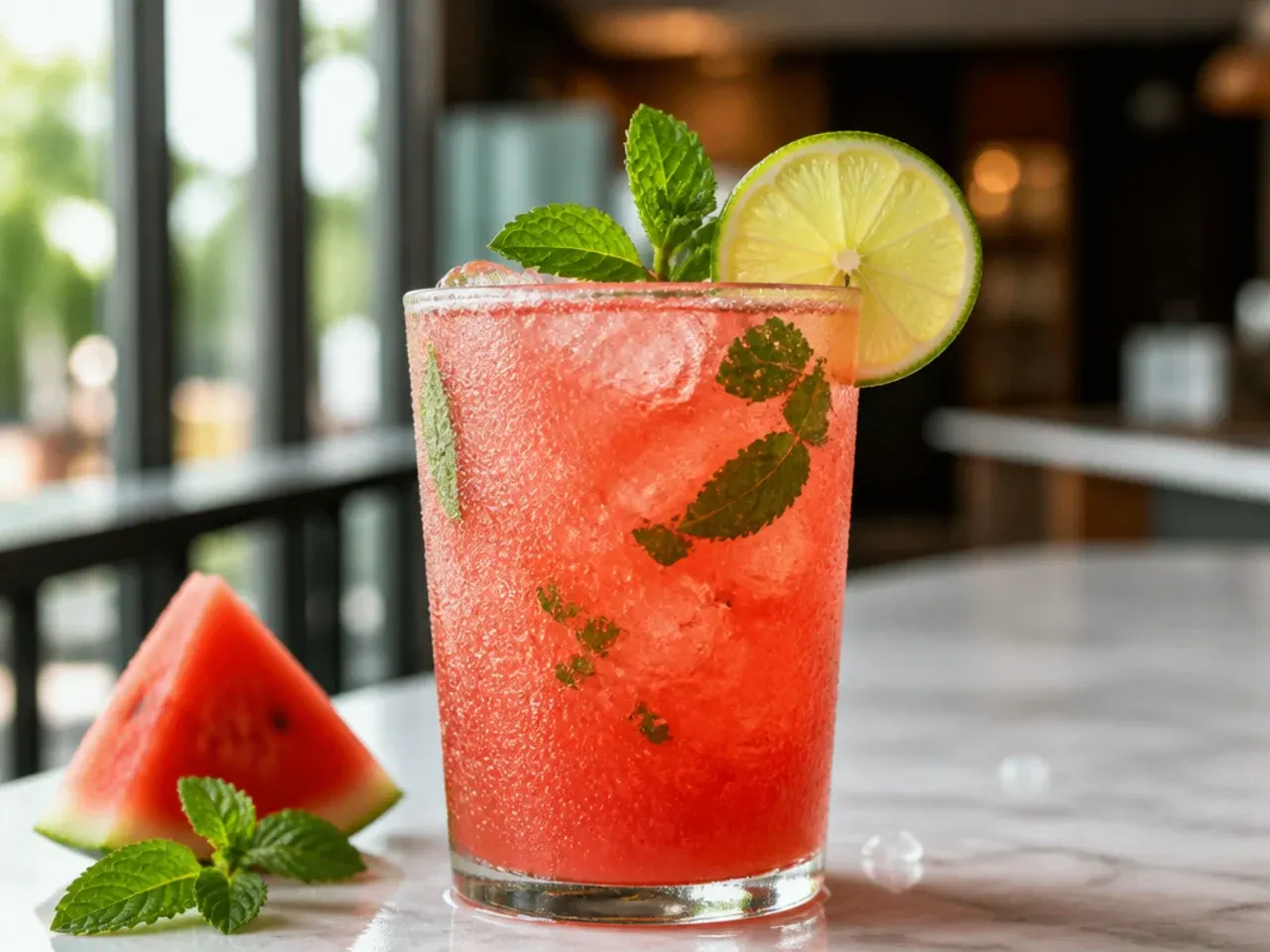 Iced watermelon mint cooler garnished with mint leaves
