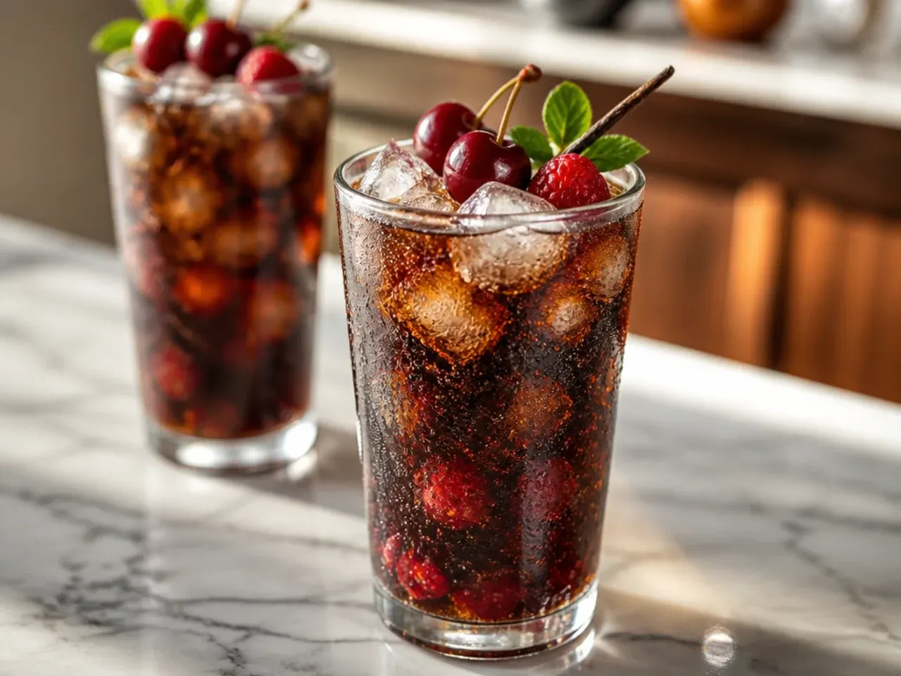Copycat diet cherry vanilla cola in a glass with cherries
