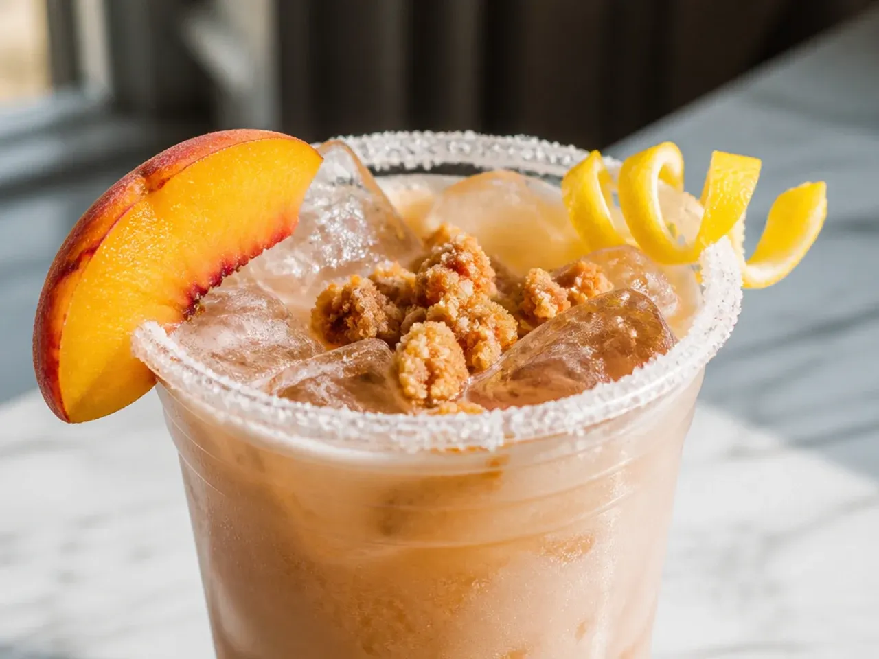 Creamy peach cobbler fizz drink with peach slices