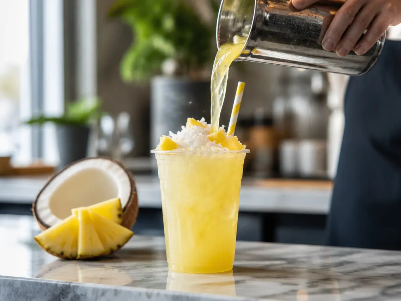 Refreshing pineapple coconut splash drink with a pineapple garnish