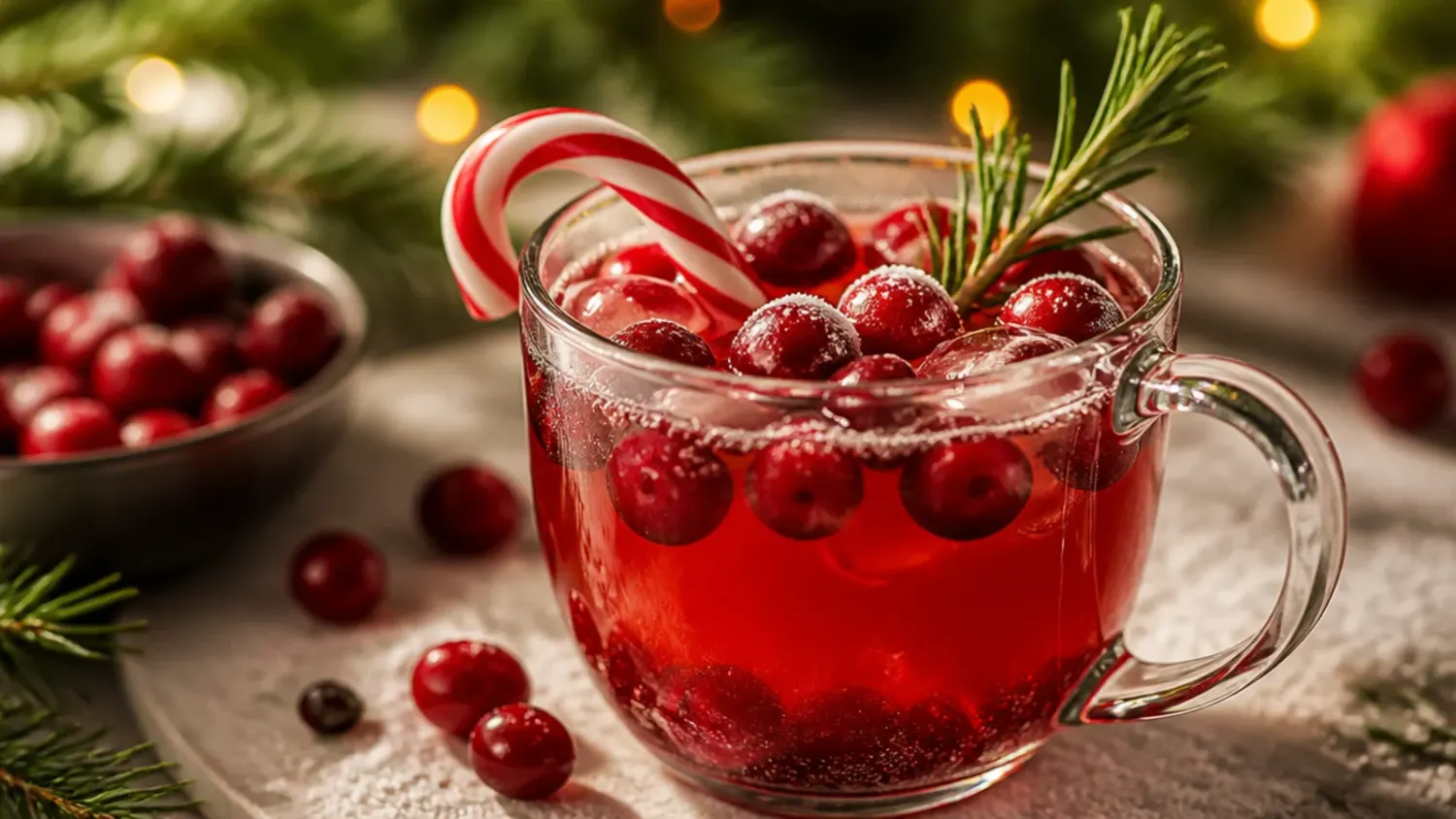 A row of cute christmas drinks in glass mugs topped with whipped cream, crushed candy cane and cinnamon sticks on a festive table