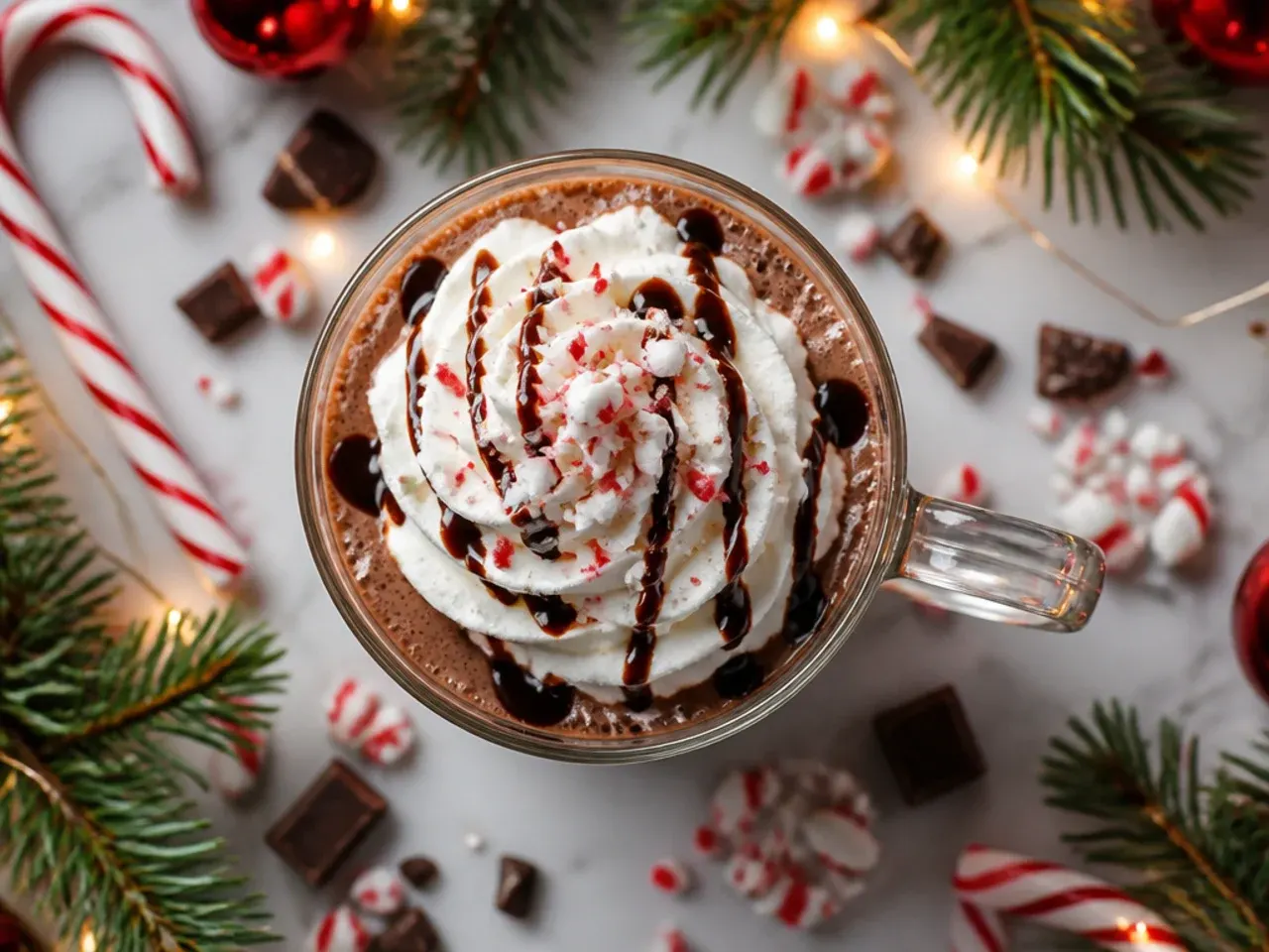 Iced peppermint mocha in a tall glass with whipped cream and crushed candy cane on top
