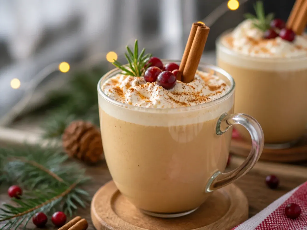 Classic eggnog latte in a white mug dusted with nutmeg