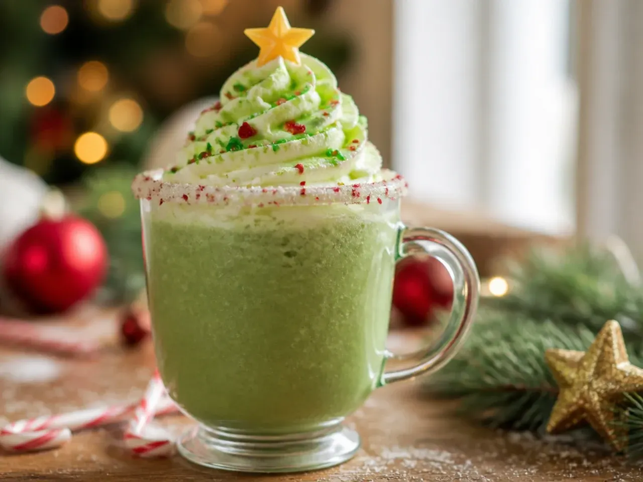 Copycat Christmas tree frappuccino with green tinted cream piped into a tree shape and a gold star topper