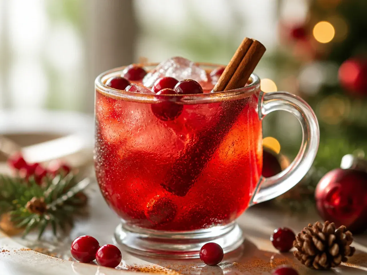 Refreshing cranberry ginger spritzer in a glass with floating cranberries and a rosemary sprig