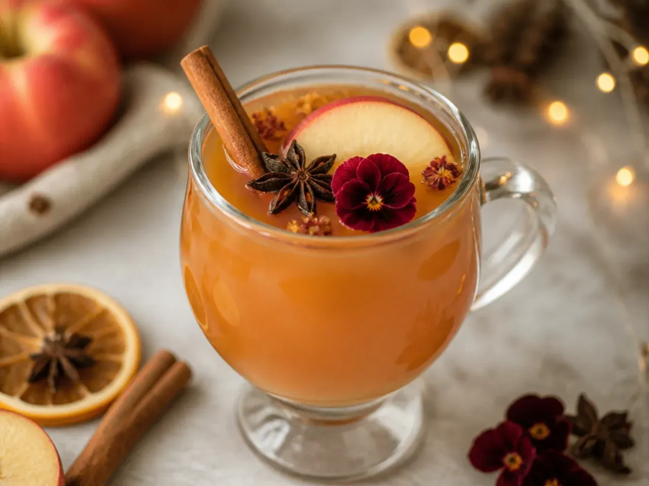 Cozy mulled apple cider in a glass mug with cinnamon sticks and orange slices