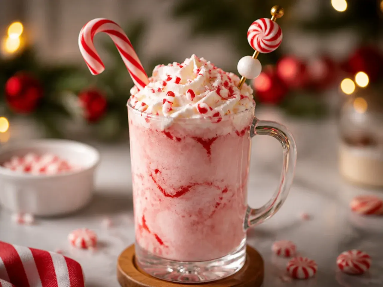 Sweet candy cane milkshake in a glass with a crushed candy cane rim and whipped cream