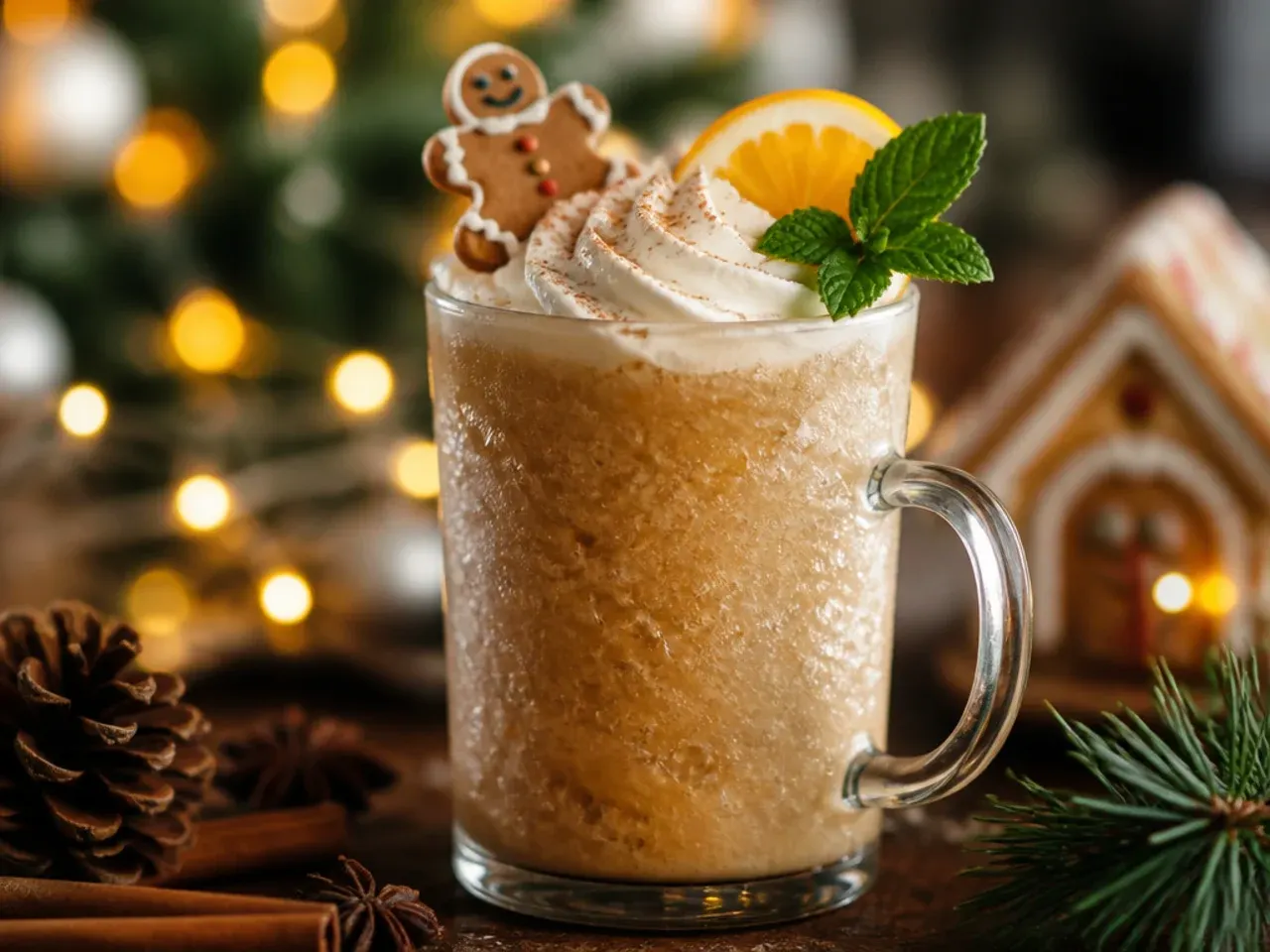 Frozen gingerbread frappe in a glass with a biscuit crumb rim and whipped cream
