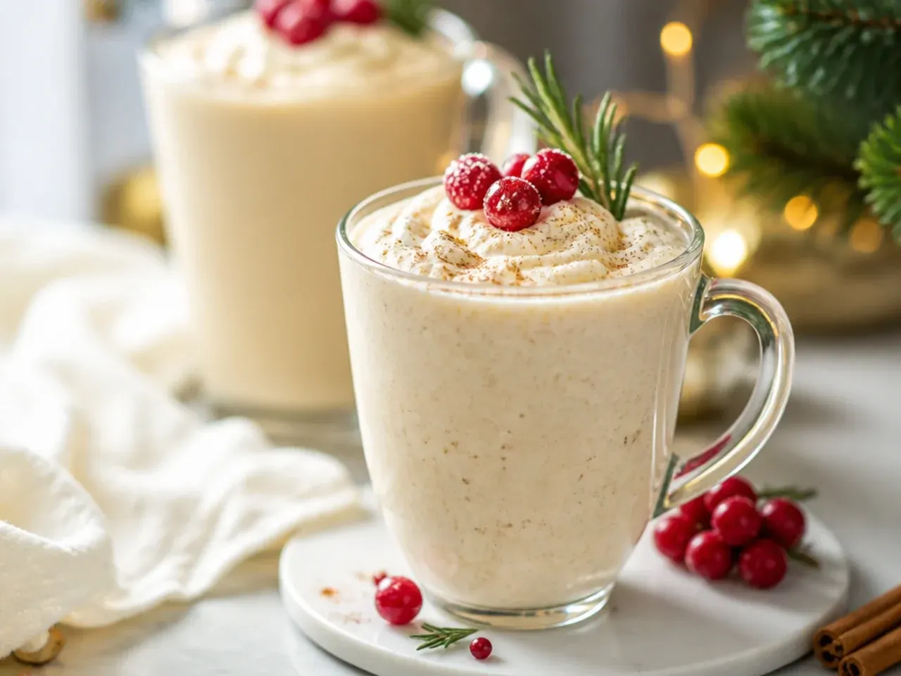 Blended eggnog milkshake in a glass topped with nutmeg and a cinnamon stick
