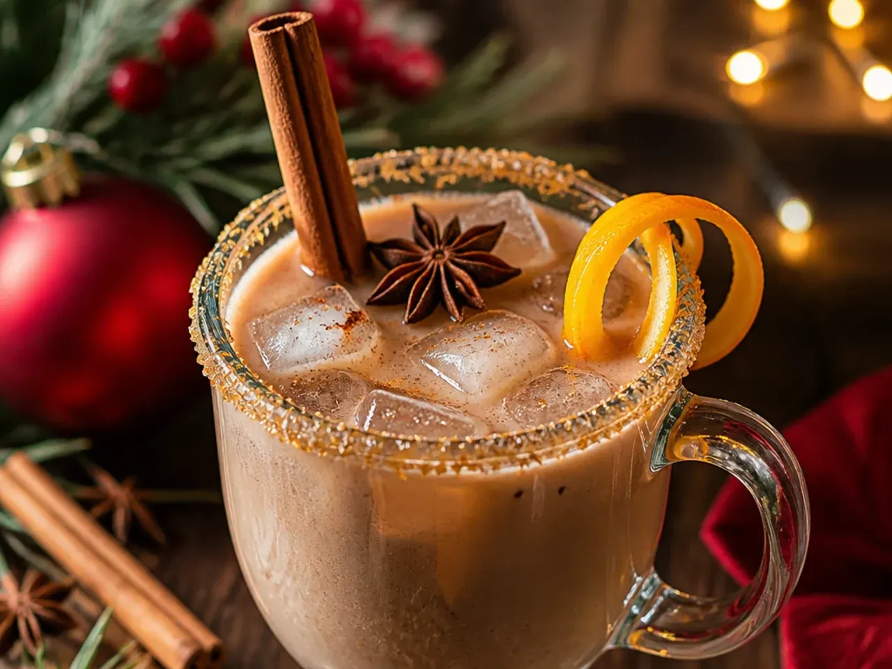 Spiced chai christmas latte in a mug with a cinnamon stick stirrer and foam