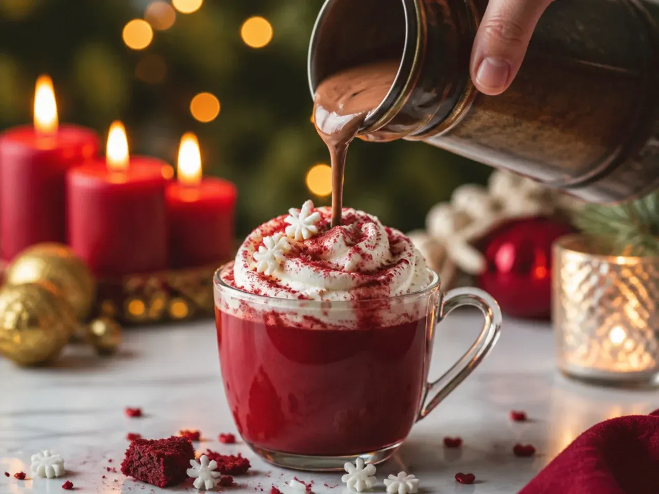 Festive red velvet hot chocolate in a mug topped with cream cheese whipped cream and white chocolate shavings