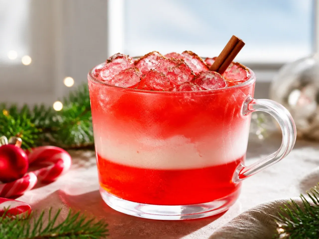 Layered candy cane cooler showing red, white and green striped layers in a tall glass