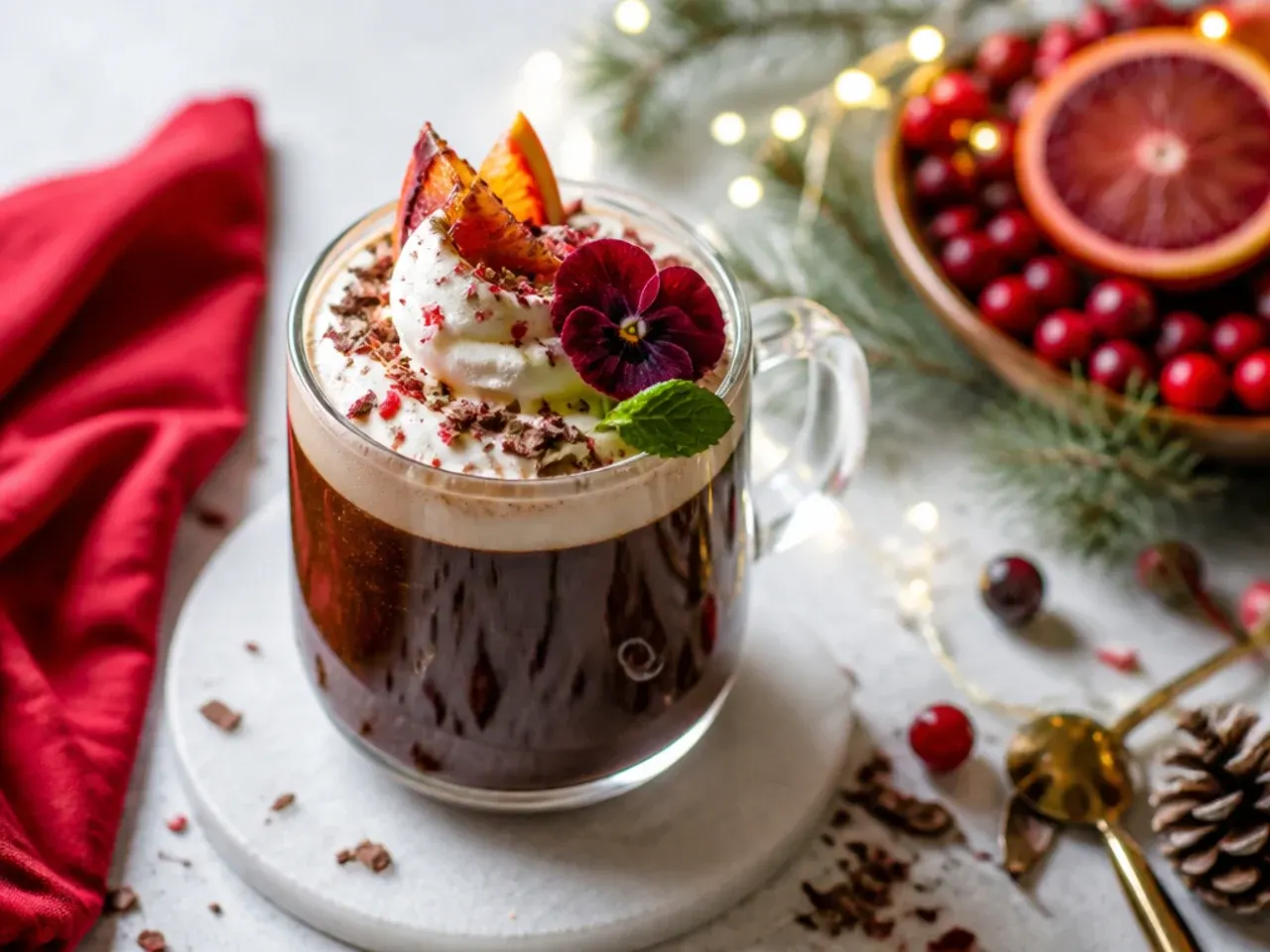 Bold espresso peppermint mocha in a small cup with a light dusting of cocoa powder