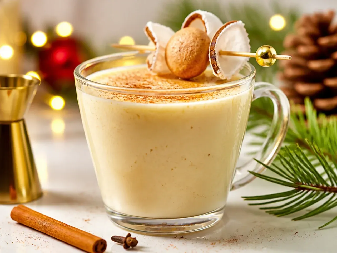 Smooth coconut eggnog in a glass with a cinnamon stick garnish