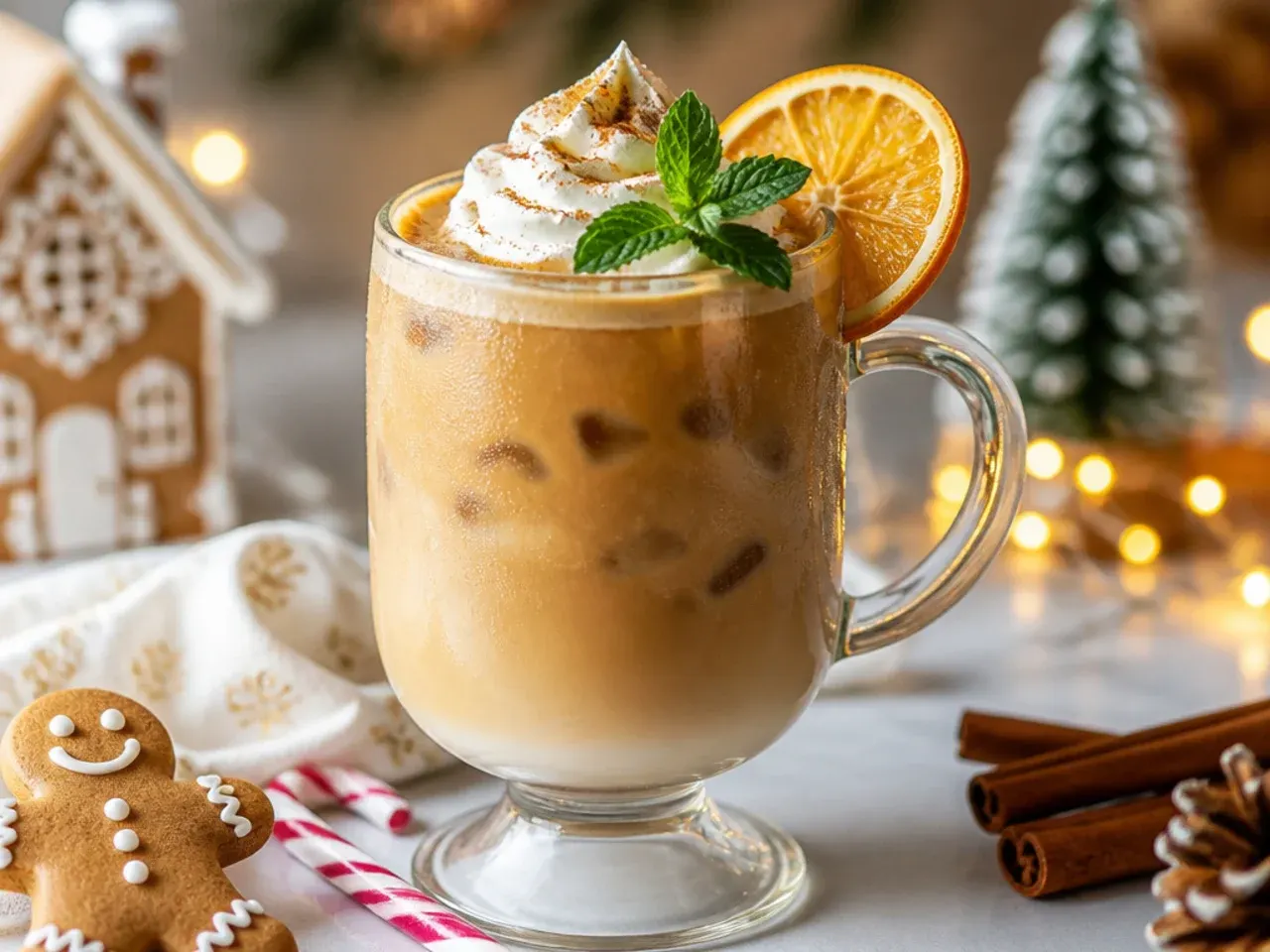 Iced gingerbread latte in a tall glass with a light spice dusting on top