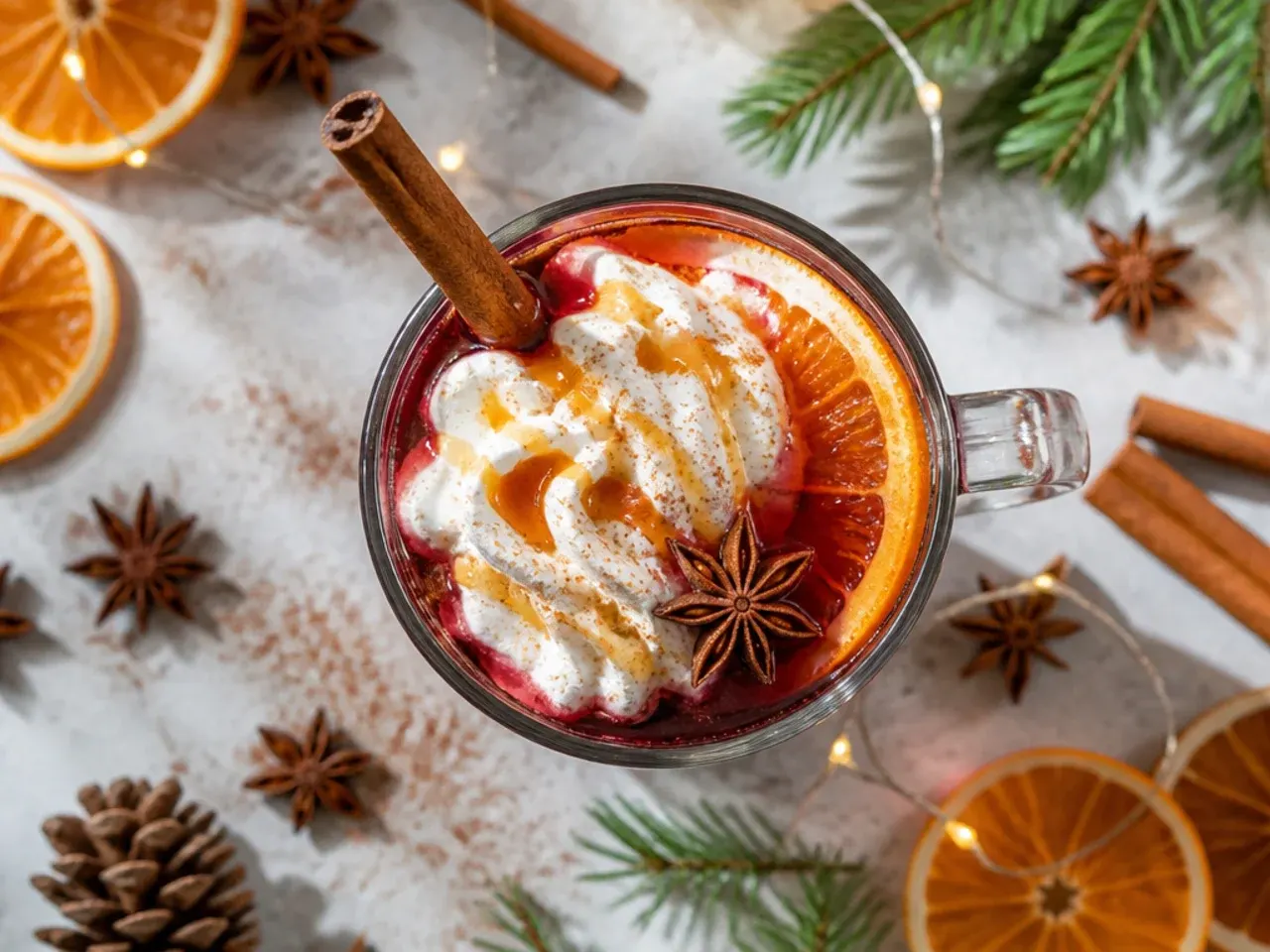 Classic mulled wine in a glass mug with cinnamon sticks and orange slices