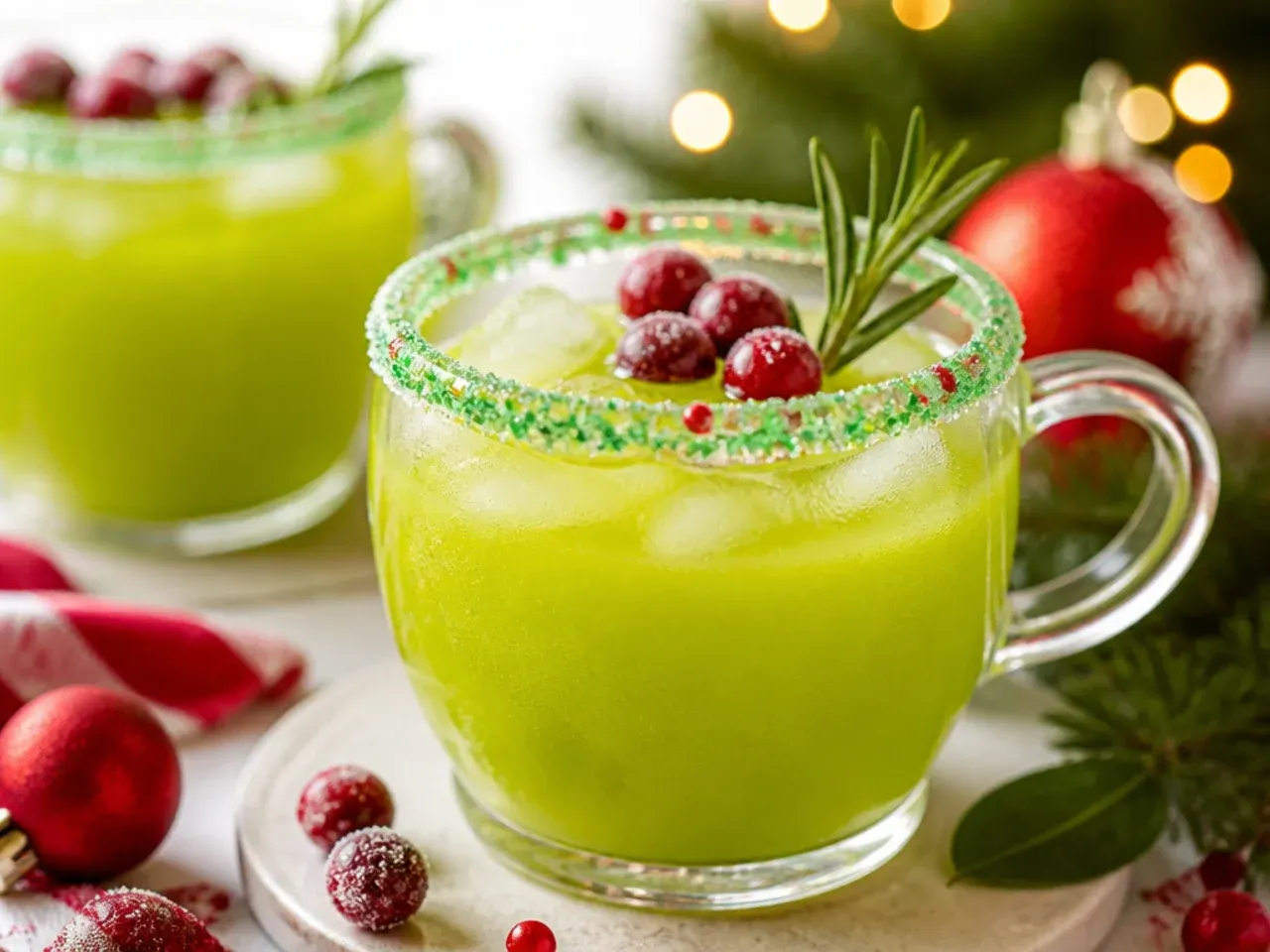 Copycat grinch punch in a punch bowl with green colour and mini marshmallow snow on top