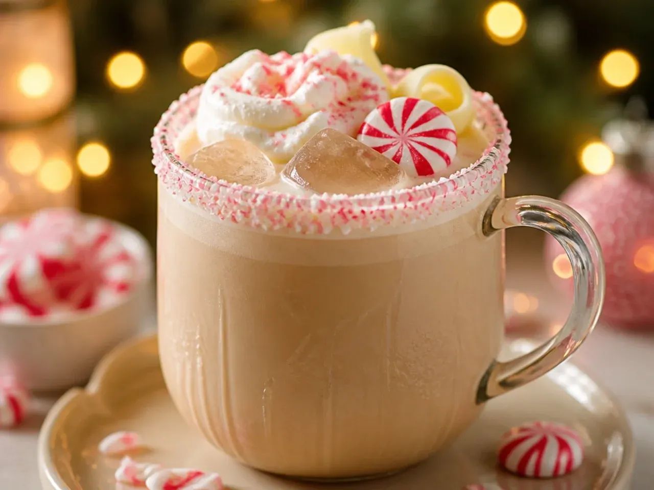 Creamy peppermint white chocolate mocha in a mug with whipped cream and candy cane pieces