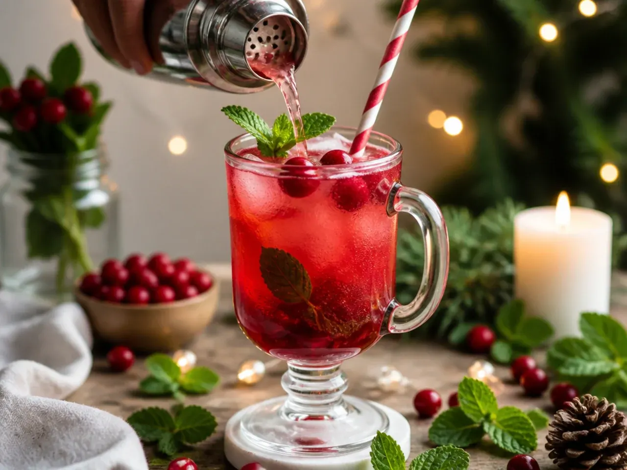 Refreshing cranberry mint mocktail in a glass with a lime wheel and mint sprig garnish