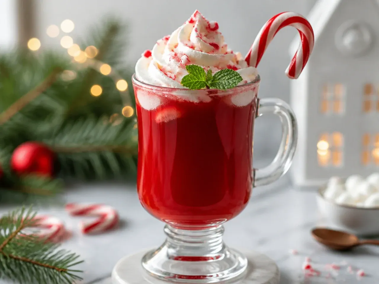 A tray of garnishes including crushed candy cane, cinnamon sticks and rosemary sprigs for decorating christmas drinks